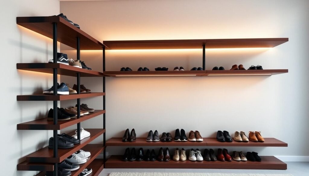 A neatly organized, modern shelving unit with adjustable shelves, displaying an assortment of shoes in a well-lit, minimalist room. The shelves are made of sleek, dark-stained wood, complemented by a light-colored, textured wall backdrop. Soft, diffused lighting from above casts a warm glow, highlighting the various shoe styles arranged with care. The shelves are designed to be easily customizable, allowing the user to adjust the spacing to accommodate different shoe sizes and quantities. The overall scene conveys a sense of practicality, flexibility, and a visually appealing storage solution for the discerning shoe enthusiast.