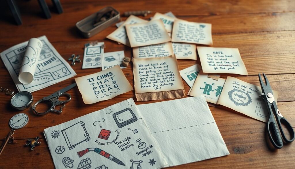 A neatly organized scavenger hunt with a variety of whimsical, hand-drawn clues scattered across a wooden tabletop. In the foreground, an array of colorful, playfully sketched icons and symbols - a treasure map, a magnifying glass, a compass, and other playful elements. In the middle ground, a collection of aged, parchment-like notes with calligraphic text hinting at the next steps of the hunt. The background features a warm, vintage-inspired wooden surface, with subtle textures and a muted color palette that evokes a sense of nostalgia and discovery. Soft, diffused lighting illuminates the scene, creating a cozy, inviting atmosphere that sparks the imagination.