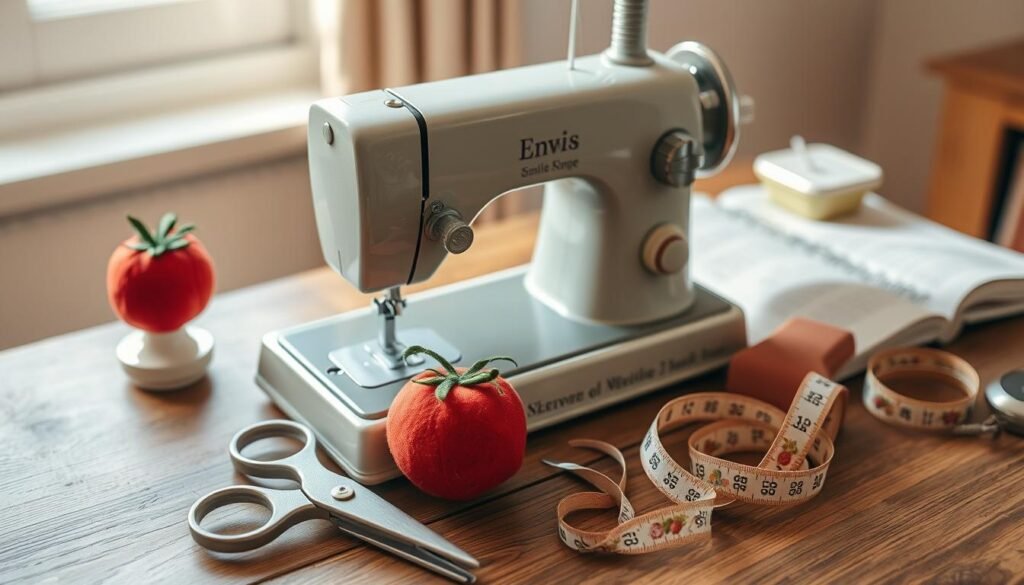 A neatly organized sewing workspace, with a personalized vintage-style sewing machine sitting atop a wooden table. Surrounding it are various handcrafted accessories - a pincushion in the shape of a plump tomato, a pair of embroidered scissors with floral motifs, and a whimsical tape measure coiled like a ribbon. Soft natural light filters in through a nearby window, casting a warm glow and highlighting the tactile textures of the materials. The overall scene exudes a sense of creativity, craftsmanship, and personalized charm, perfectly suited for a cozy and inspiring sewing nook.