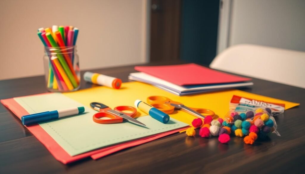 A neatly organized table holds an array of beginner craft supplies: colorful sheets of construction paper, a jar of vibrant markers, a pair of safety scissors, a glue stick, and a pack of pom-poms. The scene is illuminated by warm, diffused lighting, creating a cozy, inviting atmosphere. The supplies are arranged in the foreground, with a blurred background hinting at a simple, minimalist workspace. The overall composition conveys a sense of accessibility and encouragement for a crafting novice to dive into their first DIY project.