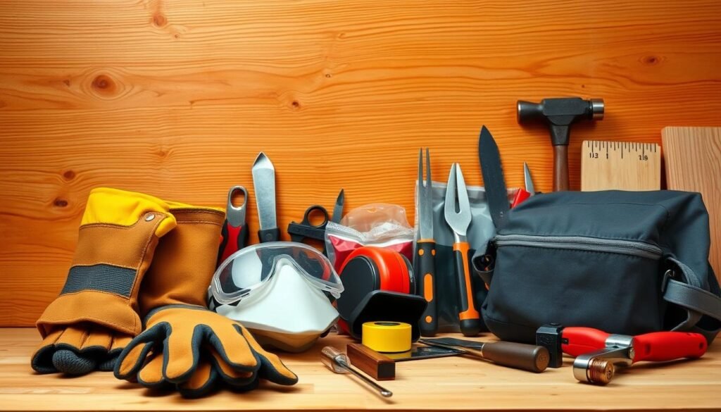 A neatly organized workbench against a warm-toned wooden backdrop. In the foreground, a diverse array of essential woodworking safety gear stands out - sturdy work gloves, protective goggles, a dust mask, and a first-aid kit. The middle ground showcases various hand tools like a tape measure, a chisel, and a hammer, all positioned with precision. Soft, diffused lighting illuminates the scene, creating a sense of focus and attention to detail. The overall atmosphere conveys a well-equipped, safety-conscious workspace, ideal for tackling scrap wood projects with confidence.