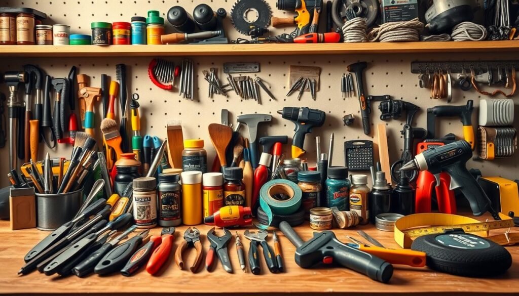 A neatly organized workbench filled with an array of essential DIY tools and supplies. In the foreground, a set of precision screwdrivers, pliers, and a hammer rest atop a wooden surface. In the middle ground, various paints, brushes, and a glue gun sit alongside a roll of duct tape and a measuring tape. The background features shelves stocked with power tools, saw blades, and a collection of nails, screws, and other hardware. Warm, directional lighting casts subtle shadows, conveying a sense of craftsmanship and functionality. The overall scene suggests a well-equipped DIY workspace, ready to tackle a variety of creative projects.