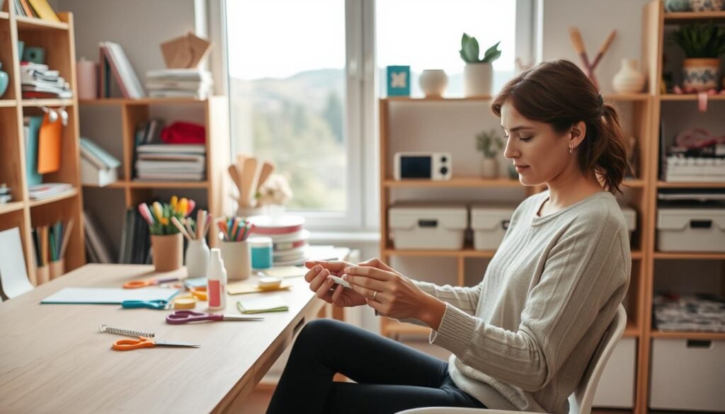 A neatly organized workspace with a light wooden table and shelves showcasing a variety of craft supplies - colorful paper, scissors, glue, ribbon, and other DIY essentials. In the foreground, a young adult woman sits, focused on a simple, yet visually striking craft project, her hands expertly manipulating the materials. The lighting is soft and natural, creating a warm, inviting atmosphere. The background features a large window, allowing glimpses of a peaceful outdoor scene, conveying a sense of relaxation and inspiration. The overall scene evokes a sense of effortless creativity and the joy of easy, accessible DIY projects for adults.