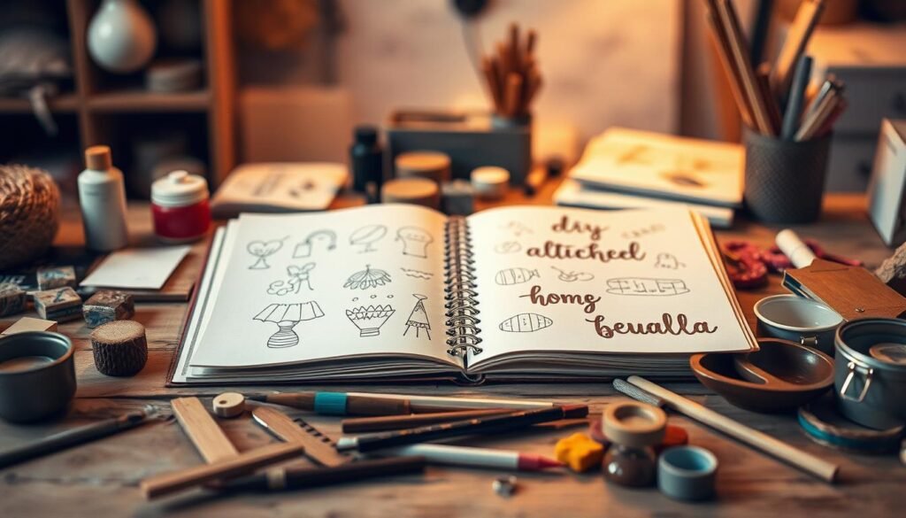 A neatly organized workspace with a wooden table, various craft supplies, and an open sketchbook showcasing hand-drawn DIY project ideas. Soft, warm lighting casts a cozy ambiance, highlighting the textures of the materials. In the foreground, an assortment of tools, paints, and embellishments is arranged with care, inviting the viewer to dive into a creative endeavor. The middle ground features a collection of inspirational project examples, ranging from simple decorations to functional home items. The background blurs gently, focusing the attention on the inviting, creative atmosphere.