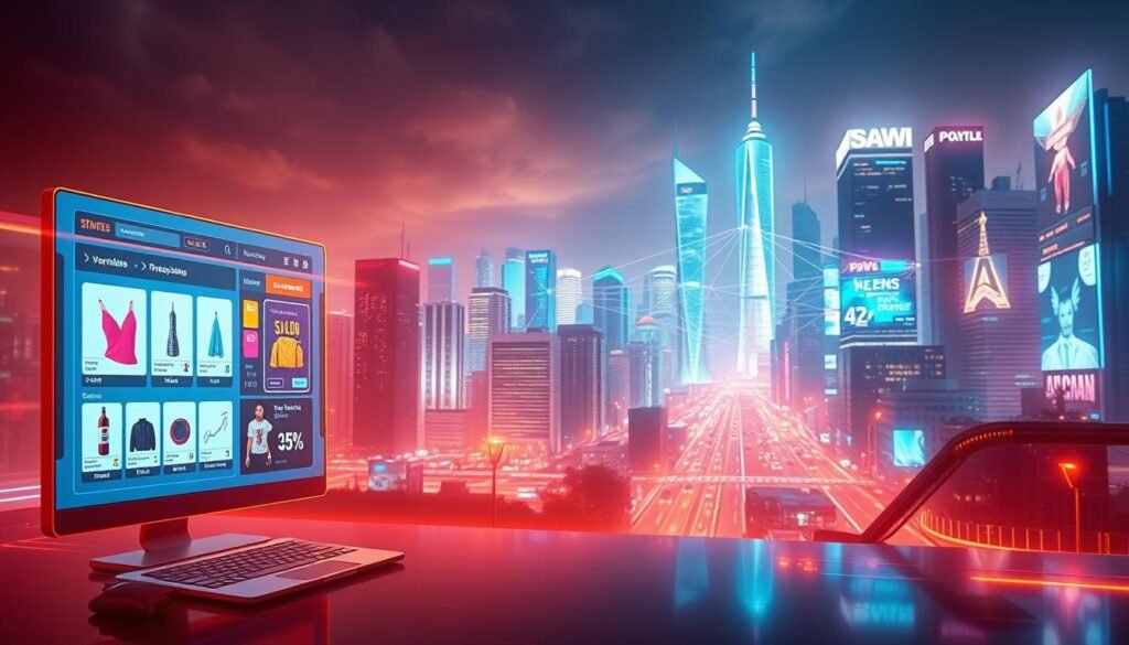 A neon-lit digital landscape, showcasing an array of online sales strategies. In the foreground, a vibrant e-commerce interface with sleek product displays, tempting discounts, and intuitive navigation. In the middle ground, a web of interconnected devices - smartphones, laptops, and tablets - representing the seamless multi-channel experience. The background is a futuristic cityscape, with towering skyscrapers and holographic billboards, symbolizing the global reach and scalability of these strategies. Warm, diffused lighting casts a dreamlike glow, while a sense of dynamism and energy permeates the scene, conveying the adaptability and potential of online sales.