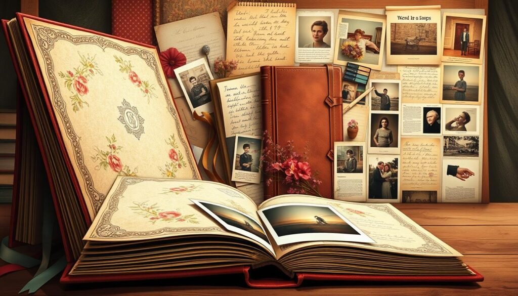 A nostalgic scrapbook evolution, captured in a stylized illustration. In the foreground, an ornate vintage scrapbook with delicate floral patterns and faded polaroid photos. In the middle ground, a collage of scrapbooking materials - colorful patterned papers, ribbon, pressed flowers, and handwritten journal entries. The background features a collage of evolving scrapbook styles, from classic leather-bound books to modern digital layouts, conveying the timeless appeal and adaptation of this personal storytelling medium. Soft, warm lighting illuminates the scene, evoking a sense of cherished memories and the tactile, handcrafted nature of scrapbooking.