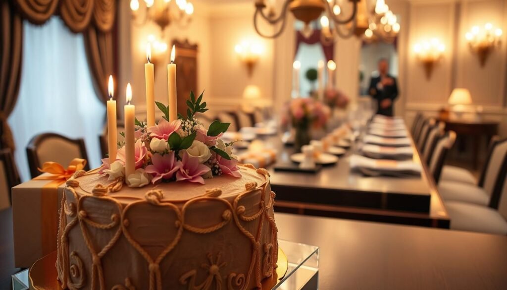 A personalized birthday celebration with elegant decor, a grand table setting, and thoughtful party favors. In the foreground, a meticulously crafted birthday cake adorned with fresh flowers and candles, surrounded by stylishly wrapped gifts. In the middle ground, a long wooden table set with fine china, crystal glassware, and a delicate floral centerpiece. The background features warm lighting, perhaps from chandeliers or wall sconces, creating a cozy and intimate atmosphere. The overall scene exudes a sense of luxury, attention to detail, and a celebration tailored to the individual's unique style and preferences.