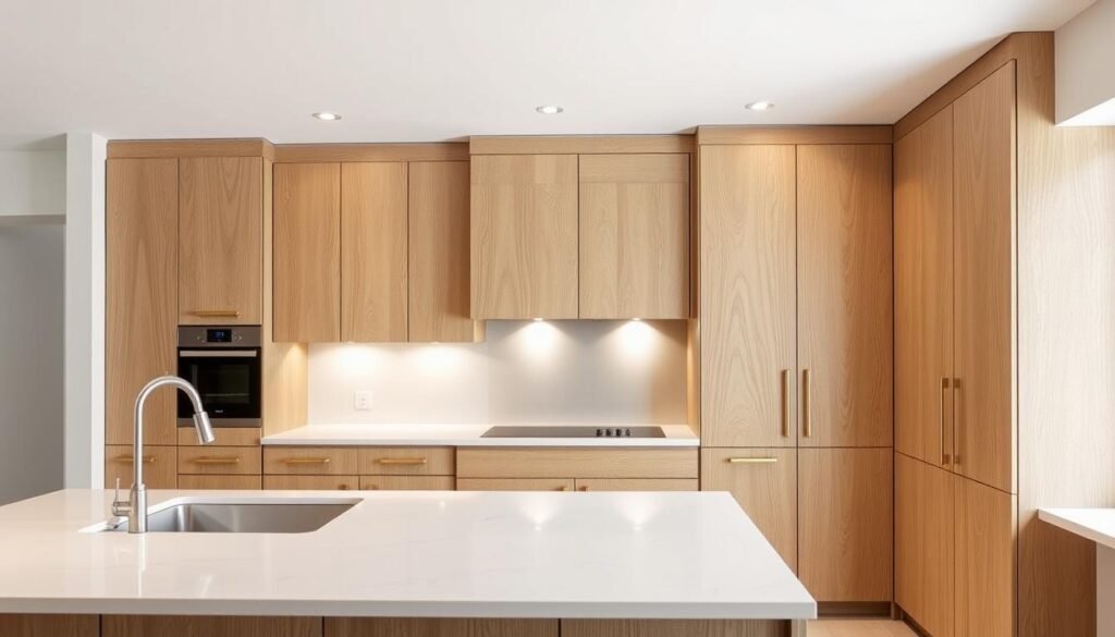 A pristine, contemporary kitchen showcases a striking white oak cabinet design. The cabinets, crafted with intricate wood grains, exude a warm, natural elegance. Sleek countertops in a complementary neutral tone create a harmonious visual balance. Soft, diffused lighting from recessed fixtures casts a gentle glow, accentuating the cabinet's subtle textures. The kitchen radiates a timeless, sophisticated ambiance, offering a welcoming and functional space that seamlessly blends modern aesthetics with the timeless charm of white oak. The scene is captured from a slightly elevated angle, providing a comprehensive view of the kitchen's cohesive design.
