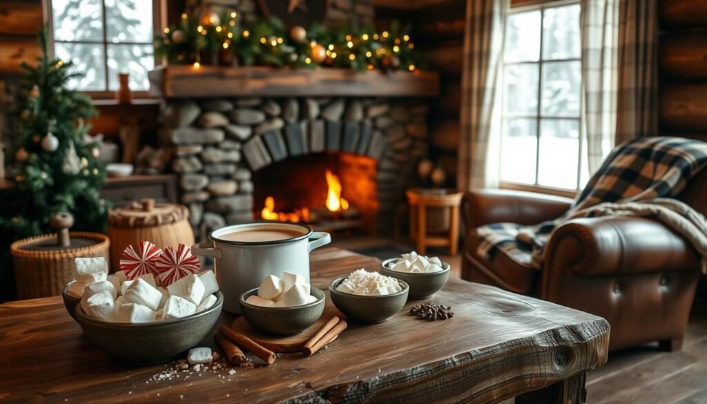 A rustic DIY hot chocolate station set against a cozy cabin backdrop. In the foreground, a rough-hewn wooden table holds an assortment of tempting toppings - fluffy marshmallows, crushed peppermint, cinnamon sticks, and grated chocolate. A vintage enamel pot simmers with rich, creamy hot cocoa. Mid-ground, a stone fireplace crackles, casting a warm glow. Fairy lights and pine garlands adorn the mantel, while a large plaid blanket drapes over a worn leather armchair. In the background, snowy pines frame the scene, hinting at a peaceful winter landscape beyond. Soft, natural lighting filters through lace curtains, evoking a charming, inviting atmosphere.