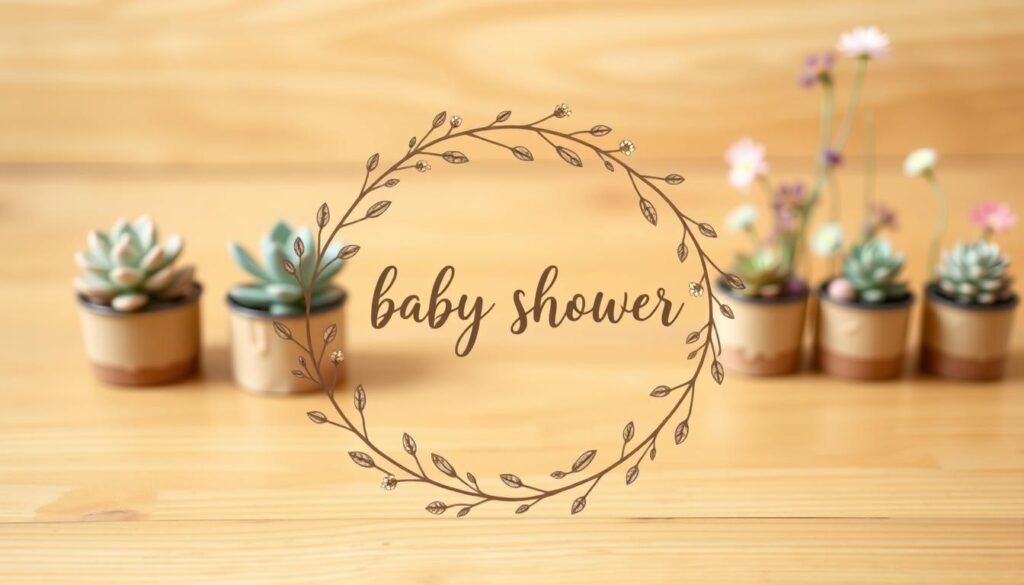A rustic, eco-friendly baby shower invitation set on a natural wooden background. In the foreground, a delicately illustrated botanical wreath frames the text, using muted earthy tones and minimalist calligraphy. Behind it, a middle ground features a soft, out-of-focus array of potted succulents and wildflowers. The background is a warm, golden-hued wooden surface, with a subtle graininess that adds texture. The overall mood is serene, organic, and tactile, conveying a sense of sustainability and handcrafted charm.