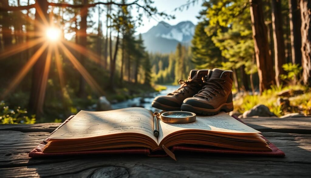 A rustic leather-bound journal lies open, its pages filled with sketches, photographs, and handwritten notes documenting a family's adventures in the great outdoors. Sunlight filters through the lush canopy of a forest, casting a warm glow on the journal's weathered cover. In the foreground, a pair of hiking boots and a compass rest atop the journal, hinting at the journeys captured within. The middle ground features a tranquil stream winding through the trees, while in the background, majestic mountains rise, their peaks dusted with snow. The overall scene conveys a sense of exploration, discovery, and the treasured memories of time spent in nature with loved ones. A rustic leather-bound journal lies open, its pages filled with sketches, photographs, and handwritten notes documenting a family's adventures in the great outdoors. Sunlight filters through the lush canopy of a forest, casting a warm glow on the journal's weathered cover. In the foreground, a pair of hiking boots and a compass rest atop the journal, hinting at the journeys captured within. The middle ground features a tranquil stream winding through the trees, while in the background, majestic mountains rise, their peaks dusted with snow. The overall scene conveys a sense of exploration, discovery, and the treasured memories of time spent in nature with loved ones.