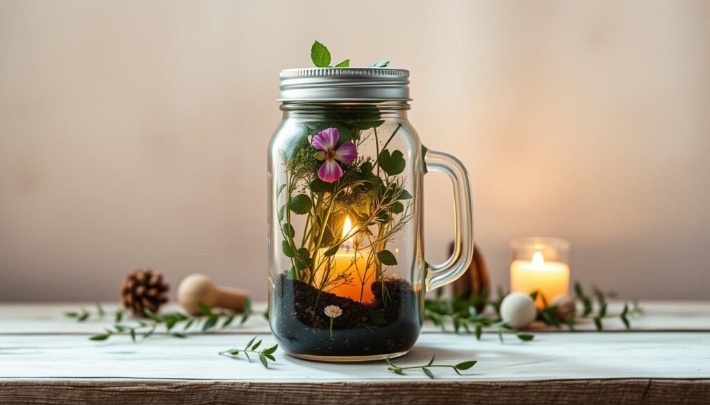 A rustic mason jar filled with lush foliage, delicate flowers, and warm candlelight, set against a minimalist, earthy-toned backdrop. Soft, diffused lighting from above casts a cozy, inviting glow, highlighting the textured glass and the natural elements within. The jar is positioned on a weathered wooden surface, surrounded by scattered greenery and simple decorative accents, creating a charming, sustainable tableau that evokes a sense of tranquility and renewal. The overall scene exudes a soothing, homespun ambiance, perfectly capturing the essence of transforming everyday items into captivating DIY home decor. A rustic mason jar filled with lush foliage, delicate flowers, and warm candlelight, set against a minimalist, earthy-toned backdrop. Soft, diffused lighting from above casts a cozy, inviting glow, highlighting the textured glass and the natural elements within. The jar is positioned on a weathered wooden surface, surrounded by scattered greenery and simple decorative accents, creating a charming, sustainable tableau that evokes a sense of tranquility and renewal. The overall scene exudes a soothing, homespun ambiance, perfectly capturing the essence of transforming everyday items into captivating DIY home decor.
