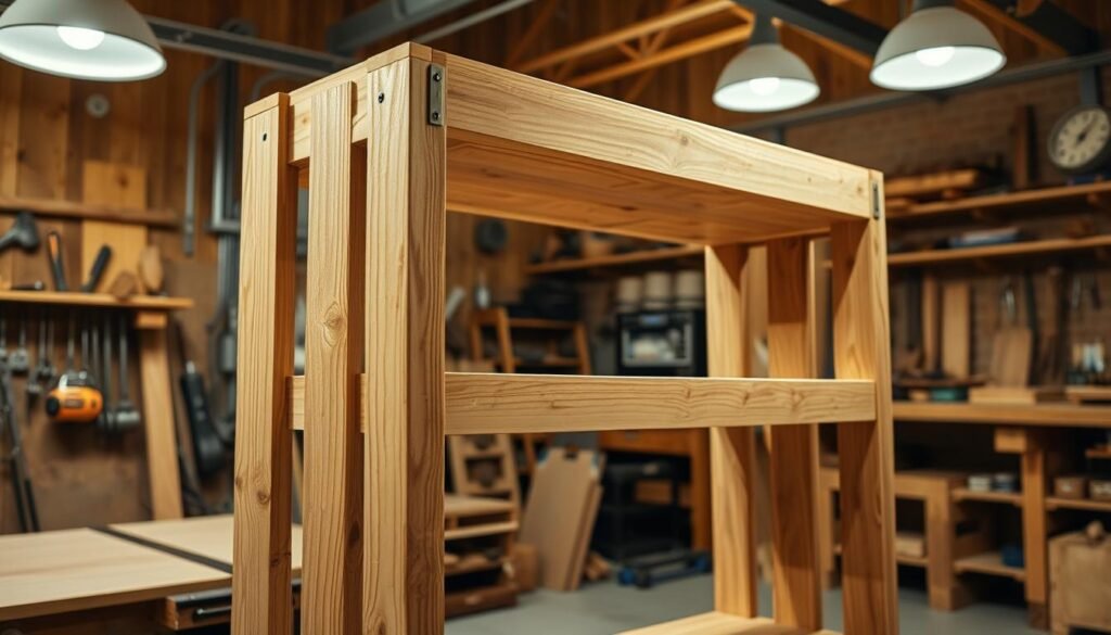 A rustic, well-crafted wooden storage rack stands in a warm, softly-lit workshop. The frame is constructed from sturdy, natural-grain pine boards, the shelves supported by sleek metal brackets. Soft, diffused lighting from overhead lamps casts a gentle glow, highlighting the tactile, earthy texture of the wood. The rack's design is both functional and aesthetically pleasing, with clean lines and a minimalist silhouette that would complement a variety of home decor styles. In the background, the workshop's wooden workbench and tools suggest a space dedicated to craftsmanship and DIY projects.