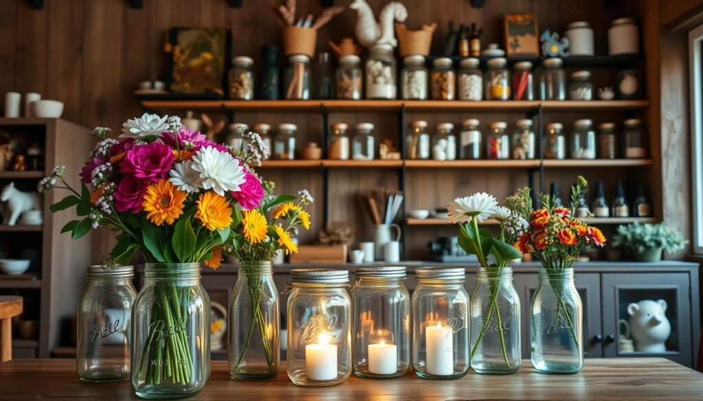 A rustic, well-lit interior space showcasing an assortment of upcycled mason jar crafts. In the foreground, a collection of mason jars repurposed as elegant vases, each containing a vibrant floral arrangement. In the middle ground, a set of mason jar lanterns, their warm glow casting a cozy ambiance. The background features shelves adorned with mason jar organizers, filled with an array of crafting supplies and decorative trinkets. The scene exudes a sense of creativity, sustainability, and a touch of farmhouse charm.