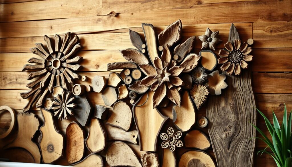 A rustic wood wall adorned with intricate, hand-crafted designs. The foreground features a collection of uniquely shaped and textured wooden pieces, each one a work of art in its own right. The middle ground showcases a harmonious arrangement of these salvaged wooden elements, expertly combined to create a visually striking focal point. In the background, a warm, natural lighting casts a gentle glow, highlighting the natural grain and imperfections of the wood. The overall atmosphere evokes a sense of earthy elegance, inspiring a cozy, homey ambiance perfect for a DIY home decor project.