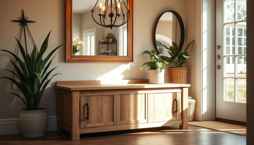 A rustic wooden entryway storage bench sits in a cozy, sun-dappled foyer. Sturdy slat-style construction, a smooth, weathered finish, and ample storage cubbies invite visitors to remove their shoes and store their belongings. Warm ambient lighting from a wrought-iron chandelier casts a golden glow, complementing the natural tones of the wood. Potted plants and a woven basket add organic accents, while a large mirror reflects the scene, creating a sense of depth and openness. The bench's clean lines and minimalist design blend seamlessly with the room's neutral color palette and farmhouse-inspired decor, transforming this functional piece into a stylish focal point.