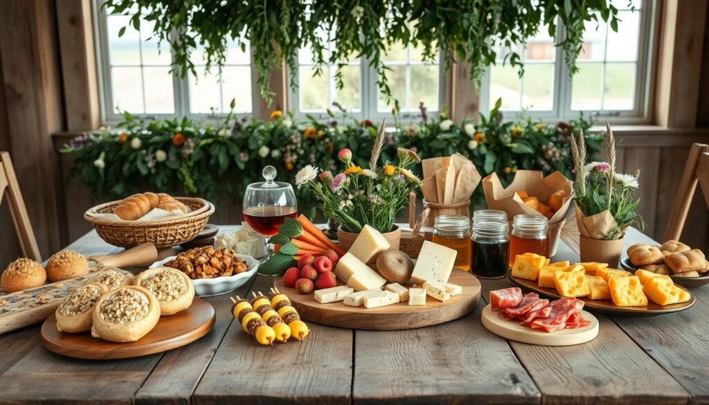 A rustic wooden table set with a farm-fresh spread of locally grown baby shower delights. In the foreground, an assortment of artisanal pastries, homemade granola, and seasonal fruit skewers arranged with care. In the middle, a selection of charcuterie and local cheese cubes, accompanied by crusty bread and jars of honey and jam. In the background, a lush garland of greenery and wildflowers cascades down the table, creating a warm, inviting atmosphere. Soft, natural lighting filters through large windows, casting a gentle glow over the scene. A dreamy, pastoral ambiance pervades, evoking the essence of a true farm-to-table celebration.