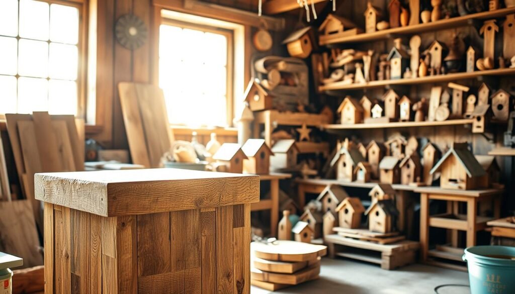 A rustic workshop filled with repurposed wood scraps and upcycled creations. Sunlight streams through large windows, casting a warm glow on the various woodworking projects. In the foreground, a handcrafted side table made from reclaimed barn wood, its weathered surface polished to a soft sheen. In the middle ground, a collection of unique birdhouses constructed from recycled pallets, their whimsical designs a testament to sustainable craftsmanship. In the background, shelves brimming with an array of wooden trinkets, each one a testament to the transformative power of scrap materials. The overall scene conveys a sense of eco-conscious creativity and a commitment to minimizing waste.