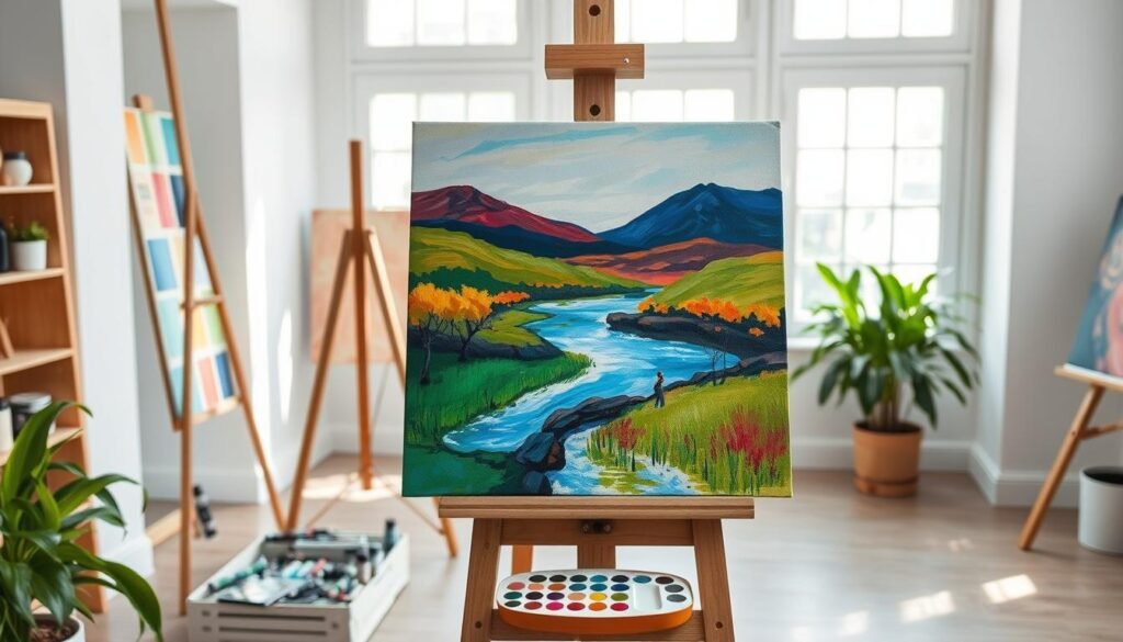 A serene acrylic painting studio setting, with a bright and airy atmosphere. In the foreground, an easel displays a vibrant, abstract landscape painting in progress, showcasing bold brushstrokes and a harmonious color palette. In the middle ground, various art supplies such as paint tubes, brushes, and a palette sit neatly arranged, inviting the viewer to join in the creative process. The background features a large window, allowing natural light to flood the space and create a warm, inviting ambiance. The overall scene conveys a sense of simplicity, inspiration, and the joy of beginner-friendly acrylic painting.