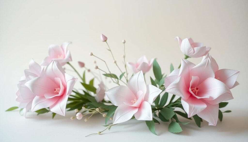 A serene and delicate paper flower arrangement, showcasing a variety of crafting techniques. In the foreground, intricate origami blossoms in soft pastel hues, their petals meticulously folded and shaped. In the middle ground, delicate paper stems and leaves intertwine, creating a lush, natural-looking composition. The background features a minimalist, off-white backdrop, allowing the paper flowers to take center stage. The lighting is soft and diffused, highlighting the delicate textures and subtle shadows of the paper. The overall mood is one of tranquility and artisanal craftsmanship, capturing the essence of a beautiful DIY paper flower project.