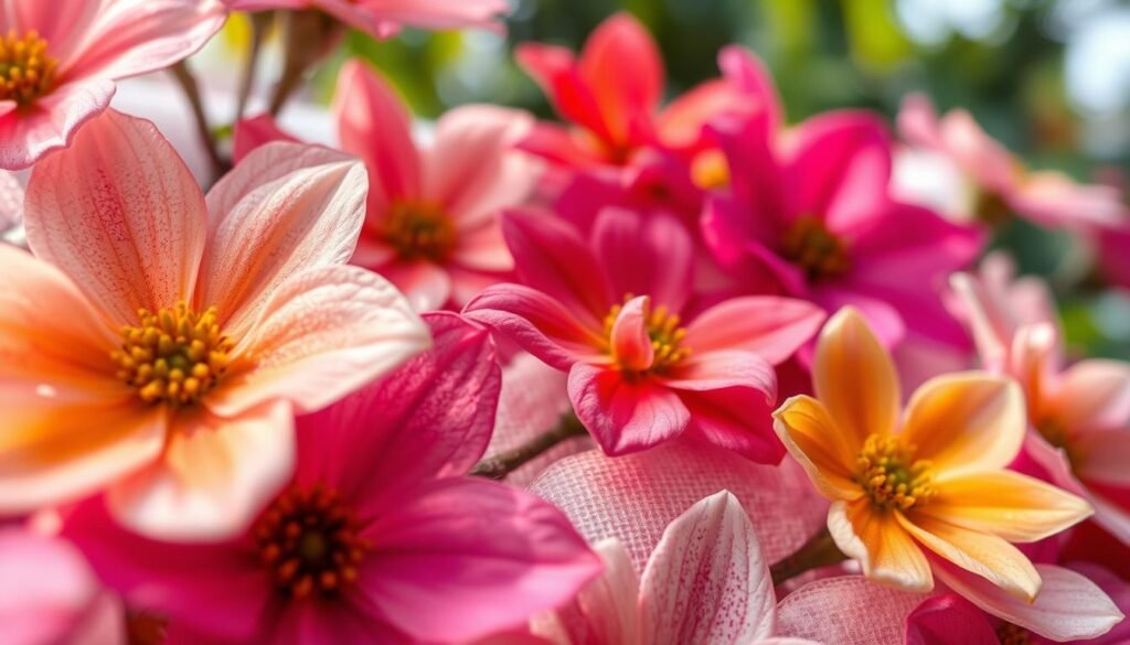 A serene and vibrant floral display, captured through the lens of a close-up macro shot. In the foreground, delicate flower petals in a variety of hues, ranging from soft pastels to bold, saturated tones, have been meticulously stenciled onto a textured canvas using high-quality acrylic paints. The middle ground showcases the intricate, organic patterns created by the stencil technique, with the paint's brushstrokes adding depth and dimension. In the background, a softly blurred, natural setting - perhaps a lush, verdant garden or a tranquil, sun-dappled scene - provides a calming and enchanting backdrop, enhancing the overall artistic and serene atmosphere of the image.