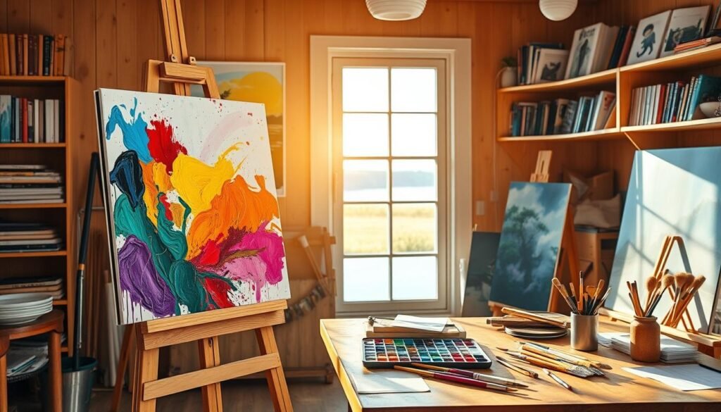 A serene art studio flooded with warm, natural light. In the foreground, an easel displays a vibrant acrylic painting showcasing diverse techniques - bold brushstrokes, blended colors, and intricate details. Nearby, an array of acrylic paints, brushes, and a palette sit organized on a wooden table, inviting the viewer to explore the creative process. In the middle ground, a window offers a glimpse of a tranquil outdoor scene, reflecting the calming atmosphere. The background features shelves displaying inspiring art books and materials, creating a welcoming environment for both experienced and aspiring acrylic painters.