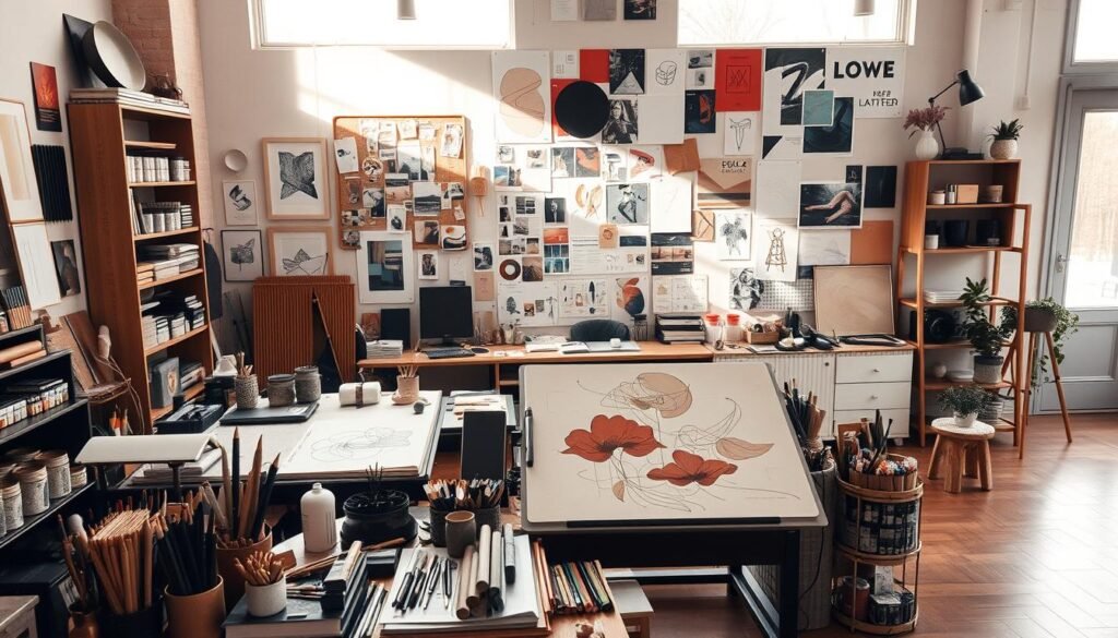 A serene craft space overflowing with inspiring design concepts. In the foreground, an elegantly curated display of art supplies and tools arranged in a harmonious composition. In the middle ground, a large drawing tablet with bold, abstract sketches showcasing creative potential. The background features a wall adorned with a collage of mood boards, swatches, and inspirational imagery, all bathed in warm, natural lighting that filters in through large windows. The overall atmosphere exudes a sense of tranquility and boundless imagination, inviting the viewer to immerse themselves in the creative process.