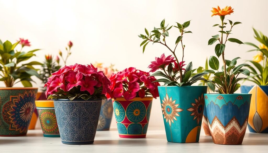 A serene floral oasis with geometric container designs. In the foreground, an array of vibrant, hand-painted flower pots in various shapes and sizes, adorned with intricate patterns and textures. The middle ground features lush, blooming botanicals in rich, saturated hues, their stems and leaves cascading elegantly over the container rims. The background depicts a softly lit, minimalist setting, allowing the artistic expressions to take center stage. Warm, natural lighting casts a gentle glow, highlighting the dynamic interplay of geometric forms and organic floral elements. The overall composition conveys a sense of harmony, creativity, and artistic expression.