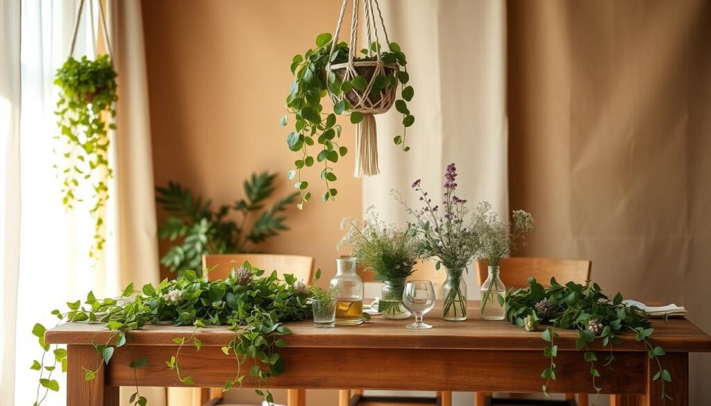 A serene, natural-lit scene of sustainable baby shower decorations. In the foreground, a rustic wooden table adorned with lush, verdant foliage - cascading vines, potted succulents, and delicate wildflowers. Hanging above, a macrame plant holder suspends a trailing ivy. In the middle ground, simple glass vases filled with wildflowers and eucalyptus create a simple, elegant centerpiece. The background features a warm, earthy color palette with a touch of sunlight filtering through sheer, linen curtains. The overall atmosphere is one of tranquility, minimalism, and a celebration of nature.