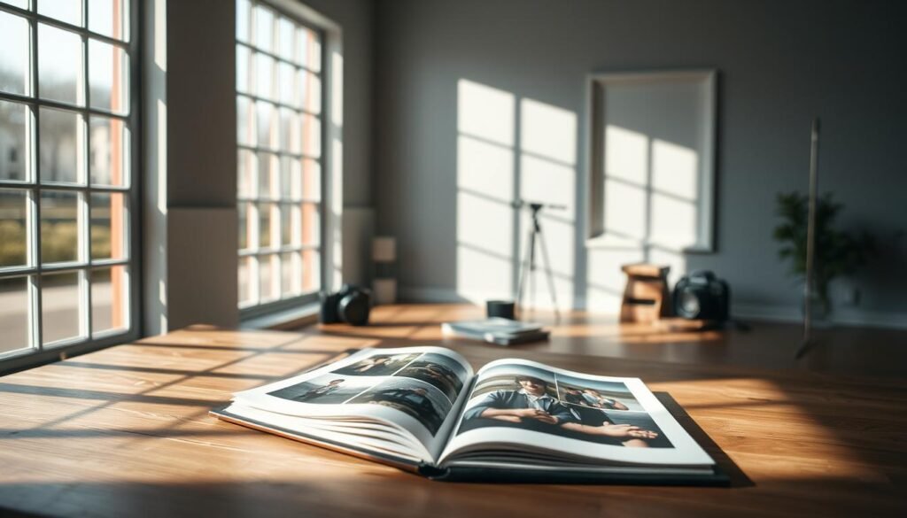 A serene photo studio with large windows, soft natural lighting, and a minimalist aesthetic. In the foreground, an open photo album rests on a wooden table, its pages filled with carefully curated snapshots. Subtle shadows and depth of field create a sense of depth and dimension. In the middle ground, a vintage camera and a bundle of polaroids hint at the process of storytelling through photography. The background features a neutral gray wall, allowing the tactile elements to take center stage. The overall mood is contemplative and inspiring, inviting the viewer to immerse themselves in the art of visual narratives.