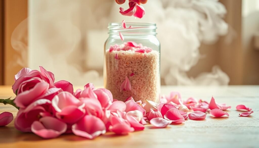 A serene still life showcasing the process of creating rose petal bath salts. In the foreground, an arrangement of delicate pink rose petals, freshly plucked, resting atop a wooden surface. In the middle ground, a glass jar filled with coarse, natural-colored bath salts, as petals are gently sprinkled into the jar, infusing the salts with their floral essence. The background features soft, diffused lighting, casting a warm, spa-like ambiance, with a hint of steam or mist in the air, evoking a sense of relaxation and indulgence. The overall composition is balanced, with a focus on the artisanal, handcrafted nature of the process, inviting the viewer to imagine the luxurious, soothing experience of a rose petal-infused bath. A serene still life showcasing the process of creating rose petal bath salts. In the foreground, an arrangement of delicate pink rose petals, freshly plucked, resting atop a wooden surface. In the middle ground, a glass jar filled with coarse, natural-colored bath salts, as petals are gently sprinkled into the jar, infusing the salts with their floral essence. The background features soft, diffused lighting, casting a warm, spa-like ambiance, with a hint of steam or mist in the air, evoking a sense of relaxation and indulgence. The overall composition is balanced, with a focus on the artisanal, handcrafted nature of the process, inviting the viewer to imagine the luxurious, soothing experience of a rose petal-infused bath.