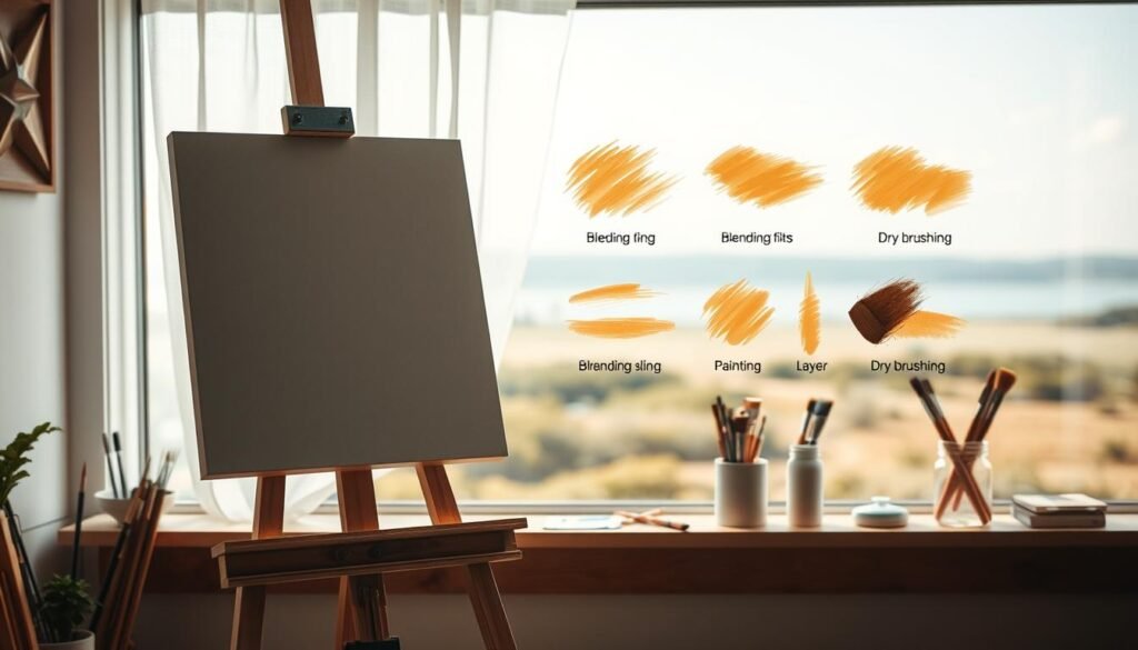 A serene studio scene with an artist's easel, palette, and assortment of brushes in the foreground. The canvas on the easel is still blank, symbolizing the start of the creative process. Soft, natural lighting illuminates the scene, casting gentle shadows and highlights. In the middle ground, various painting techniques are displayed, such as blending, layering, and dry brushing, showcasing the fundamental skills needed to create a finished work. The background features a tranquil, out-of-focus landscape, hinting at the inspirational role of the environment in the artistic journey.