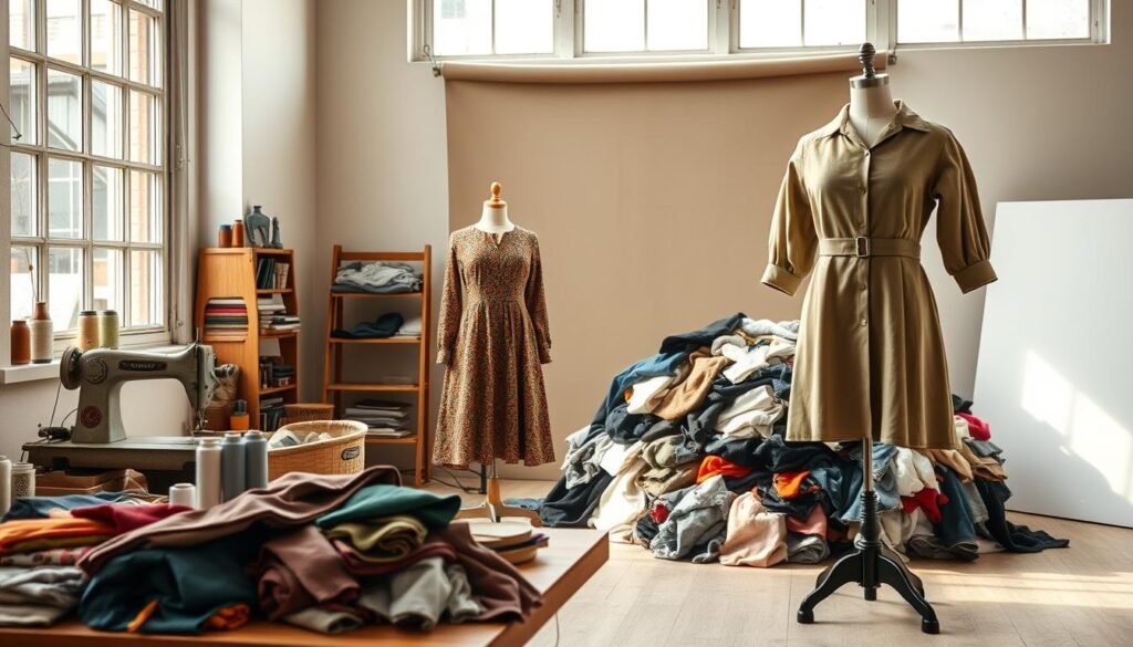 A serene studio space, with natural sunlight streaming through large windows. In the foreground, an assortment of sewing materials - colorful fabrics, spools of thread, and a vintage sewing machine. Nearby, a mannequin adorned with a meticulously crafted garment, showcasing the care and attention to detail of intentional crafting. In the middle ground, a contrasting scene - a pile of fast fashion clothing, haphazardly arranged, conveying a sense of mass production and disposability. The background features a muted, minimalist backdrop, allowing the juxtaposition of the two approaches to take center stage. The lighting is soft and diffused, creating a warm, inviting atmosphere that emphasizes the beauty and intentionality of the handmade process. The camera angle is slightly elevated, providing a comprehensive view of the scene and highlighting the stark differences between the two approaches to fashion.