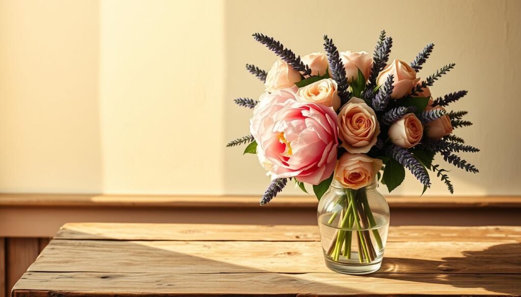 A serene, sun-dappled still life in a vintage aesthetic. In the foreground, an antique glass vase holds a vibrant bouquet of lush, heirloom flowers - delicate peonies, romantic roses, and fragrant lavender. The middle ground features a weathered wooden table, its distressed surface complemented by the soft, muted tones of a faded floral tablecloth. In the background, a gently textured, ivory-toned wall creates a sense of timeless, understated elegance. The overall scene is bathed in warm, golden natural light, evoking a sense of nostalgia and timeless beauty. A serene, sun-dappled still life in a vintage aesthetic. In the foreground, an antique glass vase holds a vibrant bouquet of lush, heirloom flowers - delicate peonies, romantic roses, and fragrant lavender. The middle ground features a weathered wooden table, its distressed surface complemented by the soft, muted tones of a faded floral tablecloth. In the background, a gently textured, ivory-toned wall creates a sense of timeless, understated elegance. The overall scene is bathed in warm, golden natural light, evoking a sense of nostalgia and timeless beauty.