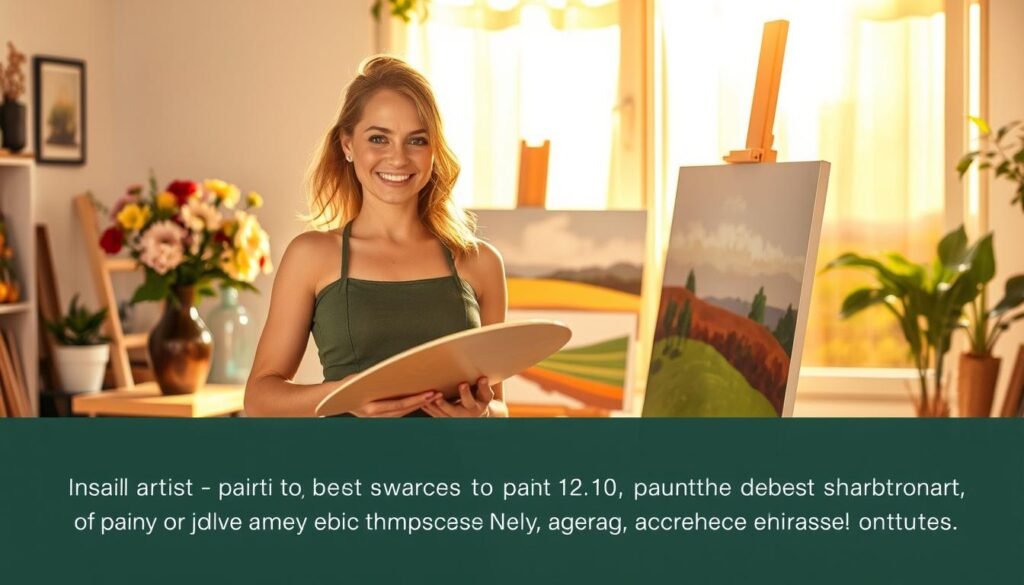 A serene, sun-dappled studio scene. In the foreground, a confident artist stands before an easel, palette in hand, brushstrokes flowing with effortless grace. The middle ground reveals a variety of simple, vibrant subjects - a vase of flowers, a bowl of fruit, a picturesque landscape - awaiting the artist's touch. The background is bathed in a warm, golden light, instilling a sense of tranquility and self-assurance. The composition exudes a spirit of joyful exploration, inspiring new artists to embrace the pleasure of painting accessible, rewarding subjects.