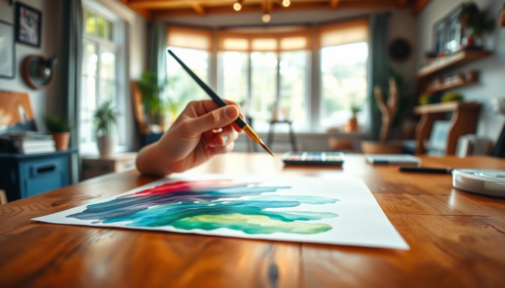 A serene watercolor painting tutorial scene unfolding on a wooden table. In the foreground, vibrant brushstrokes of paint in a variety of hues flow across the paper's surface. In the middle ground, an artist's hand delicately manipulates the brush, showcasing the technique. The background features a cozy, well-lit studio space with natural light filtering in through large windows, casting a warm, inviting glow. The overall atmosphere is one of creative exploration and self-expression, capturing the tranquil and therapeutic nature of the watercolor medium.