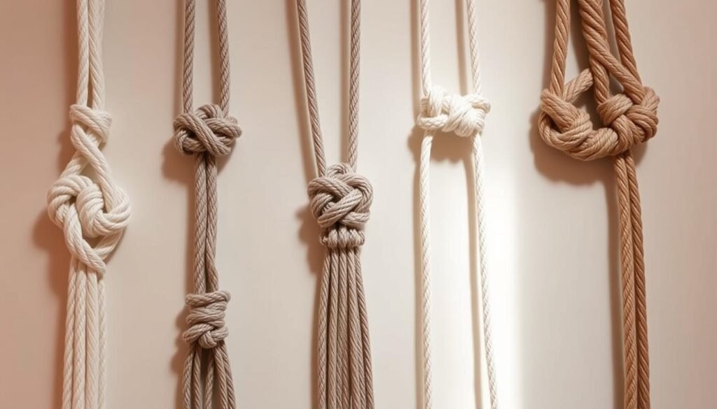 A serene, well-lit arrangement of intricately woven macrame knots, including the classic square knot, the lark's head knot, the clove hitch, and the double half hitch. The knotted cords are displayed against a clean, neutral background, allowing the intricate textures and patterns to take center stage. The lighting is soft and diffused, creating a sense of warmth and depth. The camera angle is slightly elevated, providing a clear, comprehensive view of the essential macrame techniques. The overall composition is balanced and visually compelling, showcasing the beauty and versatility of these fundamental macrame knots.