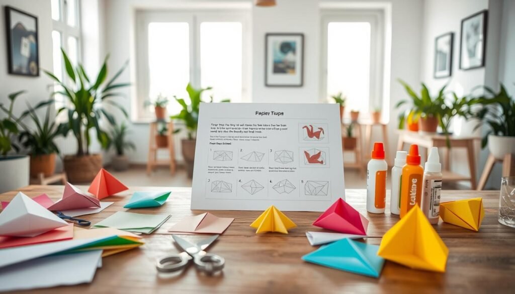 A serene, well-lit paper crafting workshop. In the foreground, an assortment of colorful origami papers, scissors, and glue sticks arranged neatly on a wooden table. In the middle ground, a step-by-step tutorial for an easy paper folding project, with detailed instructions and diagrams. The background features a bright, airy space with large windows, allowing natural light to flood the scene. Potted plants and a few framed artwork pieces lend a cozy, creative atmosphere. The overall mood is one of tranquility and inspiration, inviting the viewer to dive into the joyful world of simple, satisfying paper crafts.