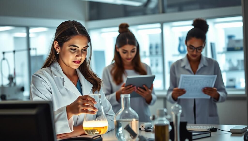 A serene, well-lit scene depicting three diverse women engrossed in STEM-related activities. In the foreground, a woman in a white lab coat examines a beaker, her face illuminated by the glow of her workstation. Behind her, two other women, one coding intently on a laptop, the other studying a schematic diagram on a tablet, are silhouetted against a backdrop of sleek, modern laboratory equipment. The overall atmosphere is one of focused determination and intellectual curiosity, capturing the spirit of women's empowerment in the STEM fields. A serene, well-lit scene depicting three diverse women engrossed in STEM-related activities. In the foreground, a woman in a white lab coat examines a beaker, her face illuminated by the glow of her workstation. Behind her, two other women, one coding intently on a laptop, the other studying a schematic diagram on a tablet, are silhouetted against a backdrop of sleek, modern laboratory equipment. The overall atmosphere is one of focused determination and intellectual curiosity, capturing the spirit of women's empowerment in the STEM fields.