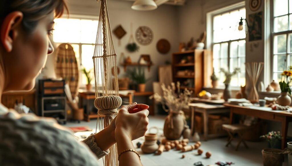 A serene, well-lit studio space, bathed in warm, natural light from large windows. In the foreground, an adult's hands carefully crafting a unique DIY project - perhaps weaving intricate macrame, sculpting clay, or assembling a delicate floral arrangement. The middle ground showcases an array of artisanal tools, materials, and half-finished creations, hinting at the allure of the creative process. In the background, shelves display finished pieces, a testament to the joy and satisfaction of handmade crafts. The overall mood is one of focused concentration, quiet contemplation, and a sense of adult empowerment through self-expression.