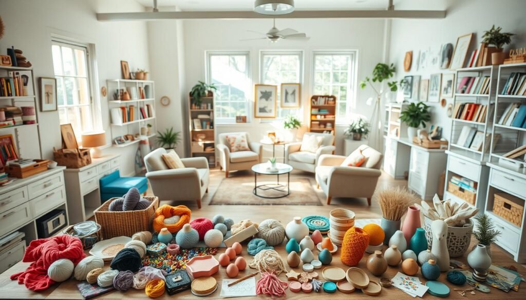 A serene, well-lit studio space filled with an assortment of adult craft supplies. In the foreground, a table displays a variety of calming craft projects like colorful knitting, clay sculpting, and paper quilling. The middle ground showcases an inviting seating area with comfortable armchairs and small side tables, creating a cozy, relaxing atmosphere. In the background, natural light streams in through large windows, illuminating the space and evoking a sense of tranquility. The overall scene conveys the idea of a dedicated creative space designed to help adults unwind and de-stress through engaging, hands-on craft activities.