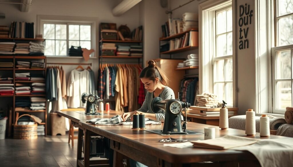 A serene, well-lit workshop interior with natural light flooding through large windows. In the foreground, a skilled seamstress sits at a vintage sewing machine, meticulously stitching a high-quality garment. Spools of thread, scissors, and other sewing tools are neatly arranged on a wooden workbench. In the middle ground, bolt of sustainable fabrics and trimmings are displayed, showcasing diverse textures and patterns. The background features shelves filled with sewing books, patterns, and handmade clothing, conveying a sense of time-honored, artisanal techniques passed down through generations. The overall mood is one of focused craftsmanship, attention to detail, and a reverence for the art of sustainable sewing.