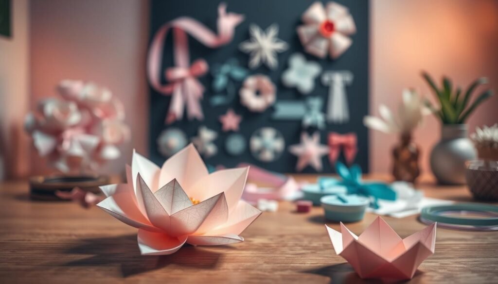 A serene workspace with a delicate paper flower craft in progress. In the foreground, intricate origami petals unfurl, their soft hues and delicate textures captured in exquisite detail. In the middle ground, an array of decorative paper elements - ribbons, leaves, and shapes - are neatly arranged, ready to be artfully incorporated. The background is softly blurred, evoking a calming, focused atmosphere, lit by warm, diffused lighting that casts gentle shadows and highlights the craftsmanship. The overall scene conveys a sense of mindful creativity and tranquility, perfect for an article on easy DIY crafts to de-stress.