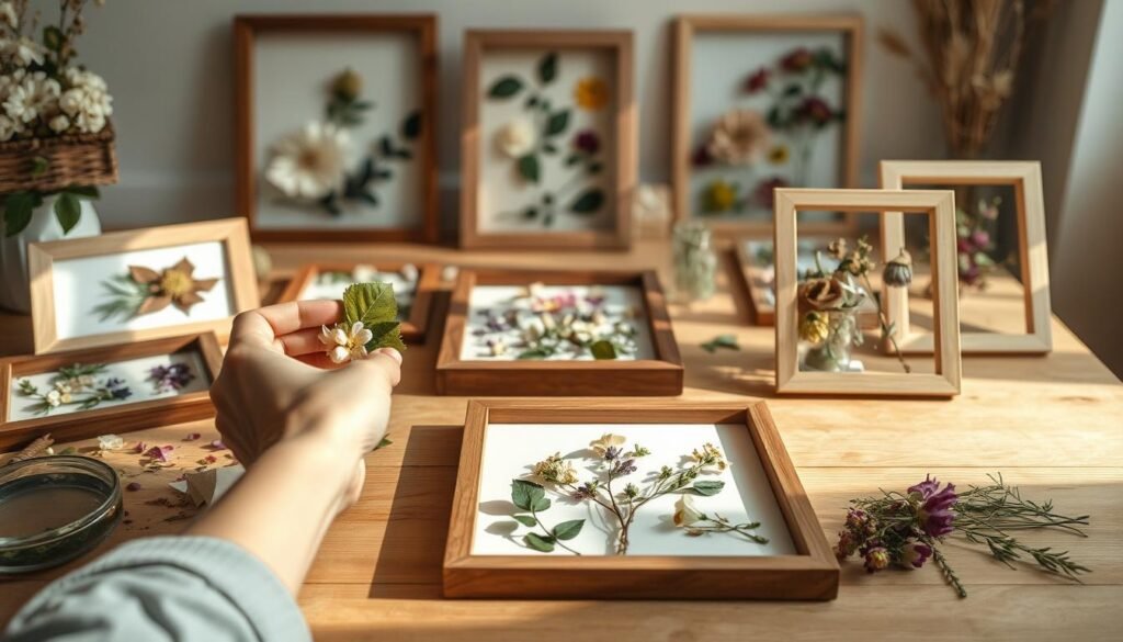A serene workspace with a wooden table, soft natural lighting, and an assortment of pressed flowers, leaves, and greenery. In the foreground, delicate hands carefully assemble the flower frames, meticulously arranging the dried petals and foliage within the wooden frames. The middle ground showcases various frame sizes and shapes, each one a unique work of art. In the background, a calming, minimalist environment sets the stage, allowing the vibrant colors and textures of the floral elements to take center stage. The overall mood is one of tranquility, creativity, and the appreciation of nature's beauty.