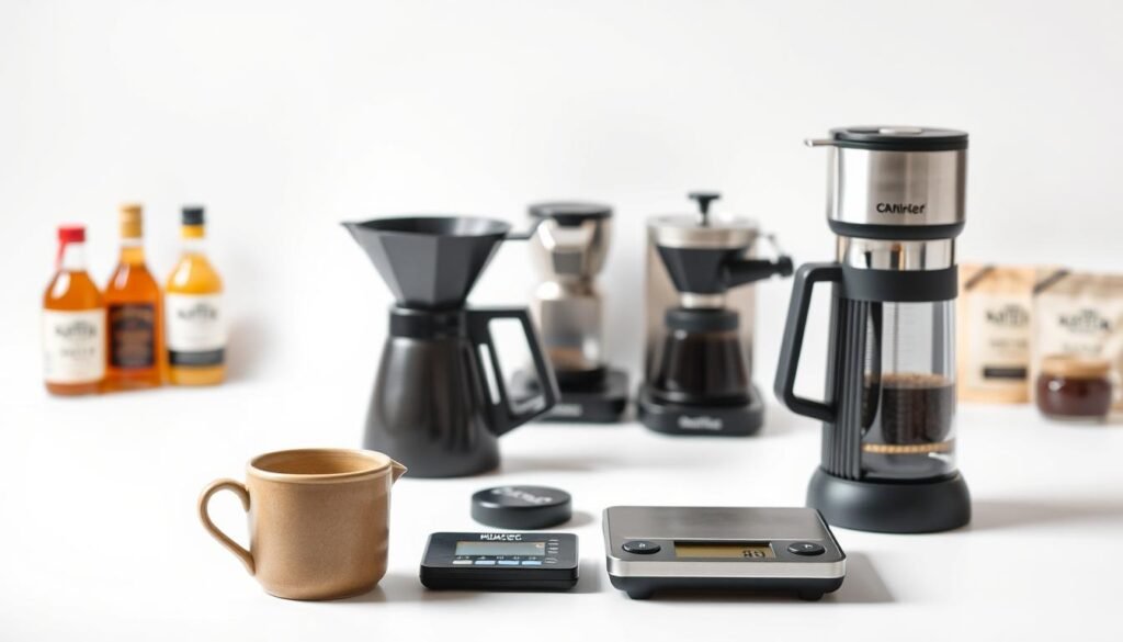 A sleek and minimalist arrangement of modern coffee accessories, captured in a bright, airy studio setting. In the foreground, a hand-crafted ceramic mug, a state-of-the-art manual grinder, and a precision digital scale stand out against a clean, white backdrop. In the middle ground, a stylish pour-over kettle and a modern French press create a cohesive, visually appealing display. The background features a subtle, out-of-focus arrangement of other coffee-related items, such as a sleek coffee machine, a collection of artisanal syrups, and a selection of premium whole bean coffee. Lighting is soft and diffused, highlighting the textures and details of each accessory. The overall mood is one of sophistication, functionality, and a passion for the craft of coffee-making. A sleek and minimalist arrangement of modern coffee accessories, captured in a bright, airy studio setting. In the foreground, a hand-crafted ceramic mug, a state-of-the-art manual grinder, and a precision digital scale stand out against a clean, white backdrop. In the middle ground, a stylish pour-over kettle and a modern French press create a cohesive, visually appealing display. The background features a subtle, out-of-focus arrangement of other coffee-related items, such as a sleek coffee machine, a collection of artisanal syrups, and a selection of premium whole bean coffee. Lighting is soft and diffused, highlighting the textures and details of each accessory. The overall mood is one of sophistication, functionality, and a passion for the craft of coffee-making.