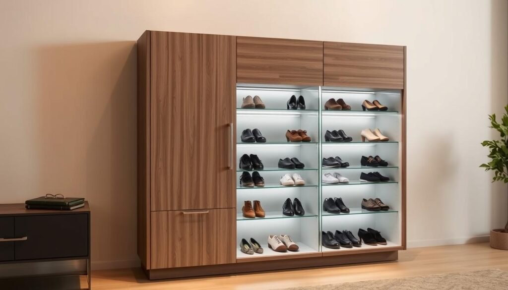A sleek and modern shoe cabinet design showcased in a well-lit, minimalist interior. The cabinet features clean lines, a subtle wood grain texture, and a mix of open and closed compartments to neatly display a collection of stylish shoes. The lighting casts a warm glow, accentuating the cabinet's sharp edges and creating a sense of depth. The background is a simple, neutral-toned wall, allowing the cabinet to take center stage. The overall atmosphere exudes a sophisticated, contemporary feel, perfectly suited for a modern living space.