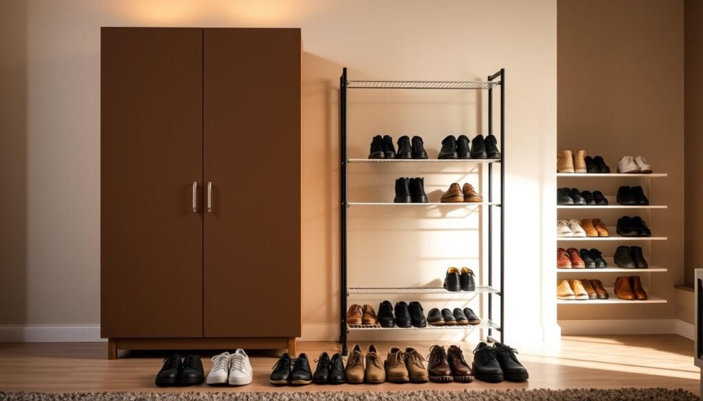 A sleek and modern shoe cabinet stands prominently, its clean lines and minimalist design contrasting with a more traditional shoe rack beside it. Soft, warm lighting illuminates the scene, highlighting the diverse textures and materials of the storage options. In the foreground, various types of shoes are neatly arranged, showcasing the organizational capabilities of each solution. The background features a neutral, minimalist environment, allowing the focus to remain on the comparison of the two storage systems. The overall atmosphere conveys a sense of order, practicality, and stylish functionality.