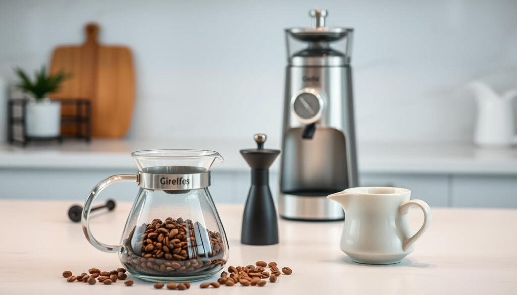 A sleek, high-performance coffee grinder sits on a pristine counter, its stainless steel body gleaming under soft, diffused lighting. The grinder's burrs spin effortlessly, transforming freshly roasted coffee beans into a fine, even grind. In the foreground, a glass carafe waits patiently, its elegant design complementing the grinder's modern aesthetic. The middle ground features a selection of premium coffee accessories, including a tamper and a hand-crafted ceramic mug. The background is blurred, allowing the grinder and its accompanying elements to take center stage, creating a harmonious and inviting atmosphere for the discerning coffee enthusiast. A sleek, high-performance coffee grinder sits on a pristine counter, its stainless steel body gleaming under soft, diffused lighting. The grinder's burrs spin effortlessly, transforming freshly roasted coffee beans into a fine, even grind. In the foreground, a glass carafe waits patiently, its elegant design complementing the grinder's modern aesthetic. The middle ground features a selection of premium coffee accessories, including a tamper and a hand-crafted ceramic mug. The background is blurred, allowing the grinder and its accompanying elements to take center stage, creating a harmonious and inviting atmosphere for the discerning coffee enthusiast.