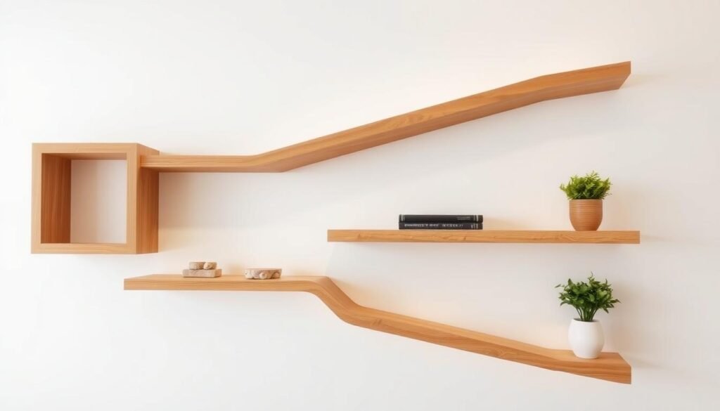 A sleek, minimalist floating shelves installation against a bright, airy backdrop. The shelves are made of smooth, natural wood, suspended elegantly from the wall with invisible hardware. The shelves are arranged in an asymmetric, visually-interesting pattern, creating a sense of balance and flow. Soft, diffused lighting from above casts a warm glow, highlighting the wood's rich grain and texture. The surrounding space is clean and uncluttered, allowing the shelves to take center stage as a focal point of the room. A few decorative items, such as potted plants or small sculptures, are thoughtfully placed on the shelves, complementing the overall aesthetic.