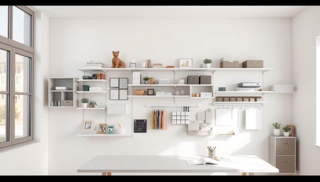 A sleek, minimalist vertical wall storage solution, showcasing neatly arranged shelves, cubbies, and mounted organizers against a crisp, white backdrop. Diffused, natural lighting from a large window casts a soft glow, highlighting the clean lines and practical design. The arrangement features a harmonious mix of open and closed storage, with strategically placed decorative accents and task-oriented accessories, creating a visually appealing and highly functional workspace. The overall composition exudes a sense of order, efficiency, and inspiration, perfectly suited for a dedicated craft room or home office.